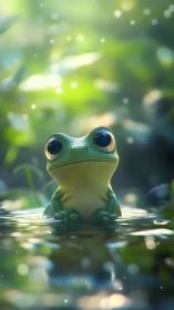 Bright-eyed pond frog basking in soft morning sparkle.