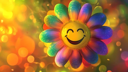 Smiling rainbow flower radiates joy in glowing bokeh field.