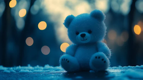 Plush teddy bear sits in snowy twilight with soft bokeh lights