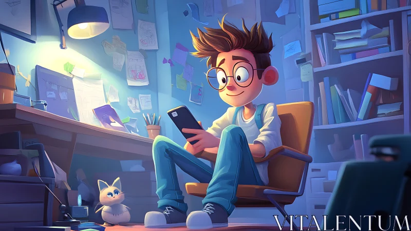 Young designer in cozy studio reading smartphone in soft light