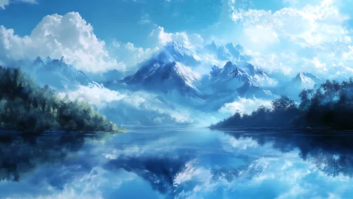 Glacial mountain range mirrored in hyperreal tranquil lake