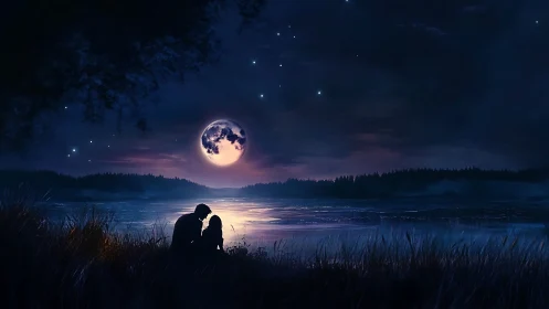 Silhouetted figures by moonlit water under nocturnal sky.