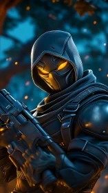 Armored hooded assassin grips rifle in ember-lit forest.