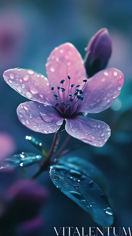 Dewkissed bloom: Purple petals glistening in ethereal light.