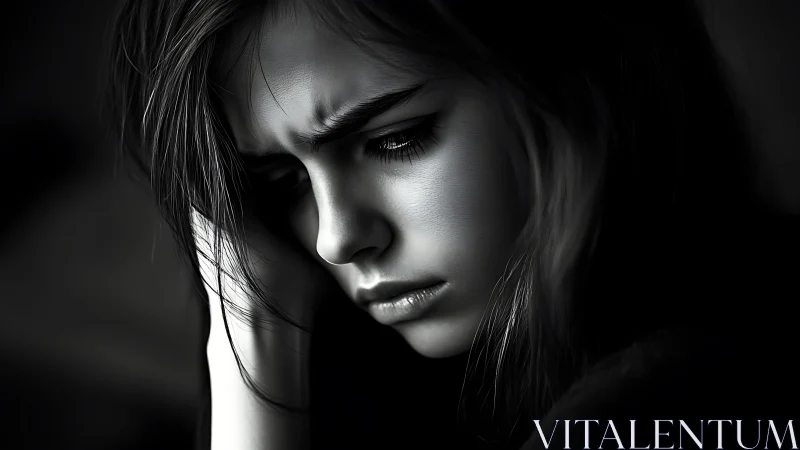 Somber young woman in dramatic monochrome close-up portrait.