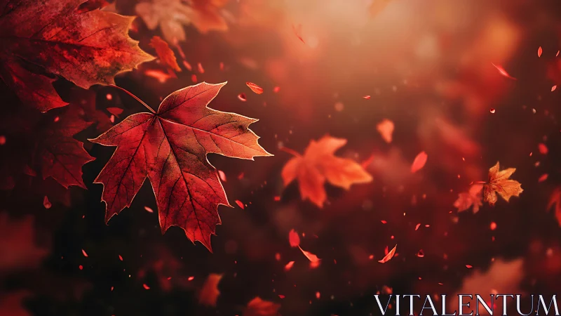 Crimson maple drifts through a glowing river of autumn light