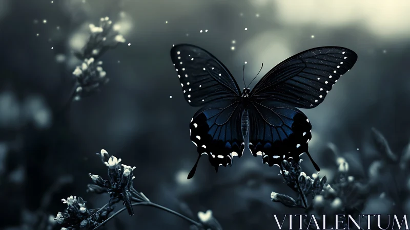 Nocturnal blue butterfly in cinematic shallow-focus bokeh.