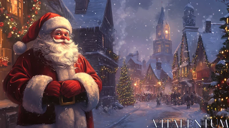 Santa overlooking a snowlit Victorian Christmas street scene.