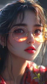 Sunlit girl with glowing glasses and a soft, dreamy gaze.