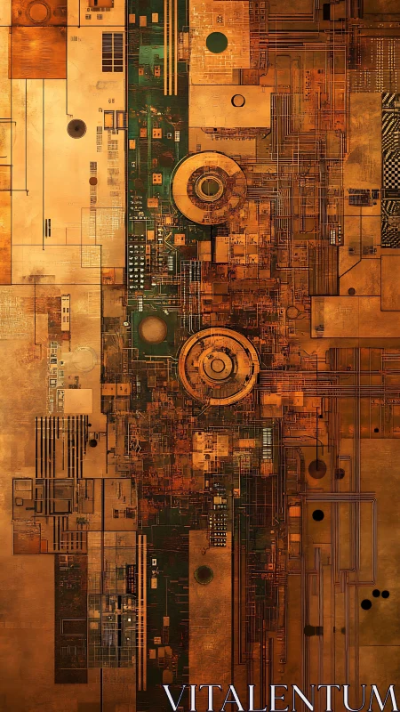 Vertical geometric circuitry in warm industrial tones.