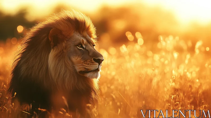 Sun-drenched lion king drifting through molten savanna.