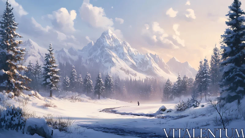 Snowbound valley beneath towering alpine peak at sunrise.