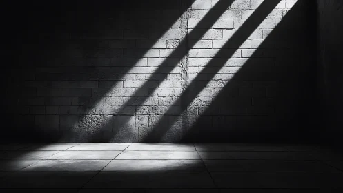 Concrete wall and floor sliced by diagonal window light beams.