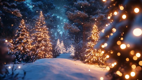 Snowy forest path glowing with cozy winter lights at dusk.