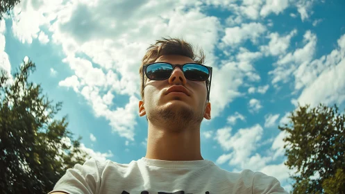 Young man in sunglasses outdoors, sky background, modern portrait.