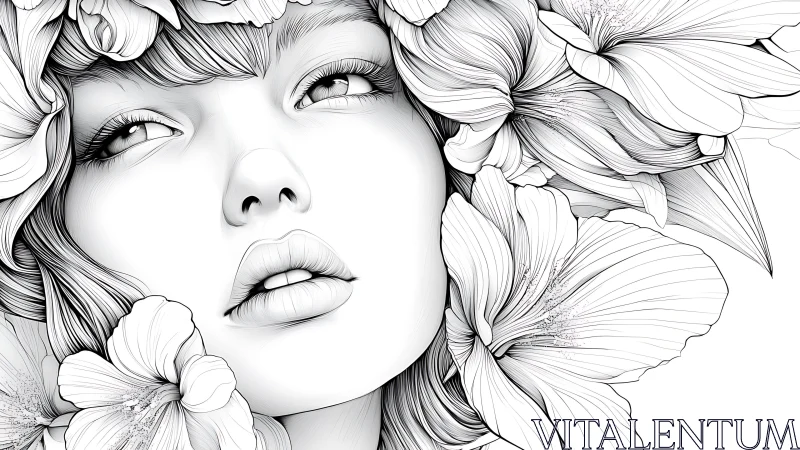 Monochrome female portrait framed by hyper-detailed blossoms
