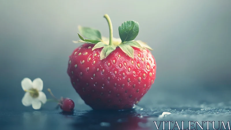 Ripe strawberry rests on wet surface in dreamy light.