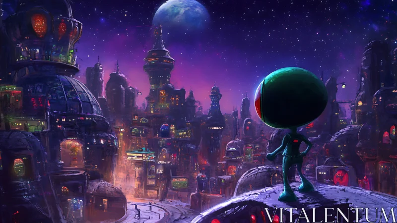Alien explorer surveys a neon-lit galactic cityscape at night.