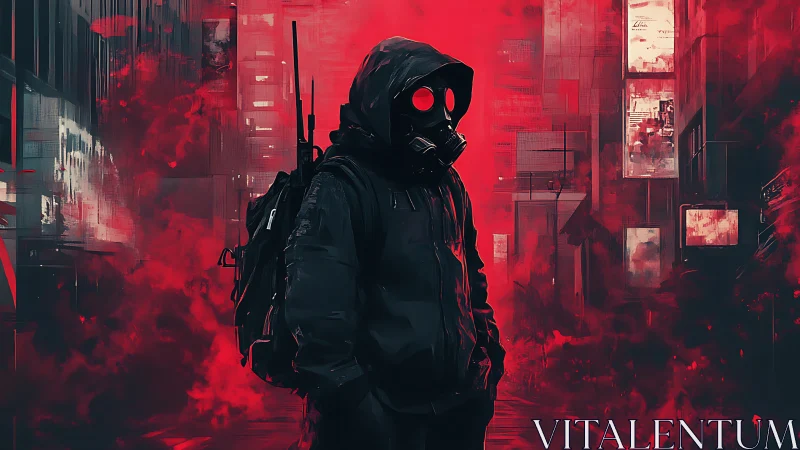Masked wanderer stalks a neon red dystopian city street