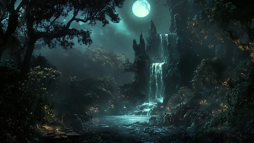 Moonlit waterfall illuminates dense enchanted forest valley