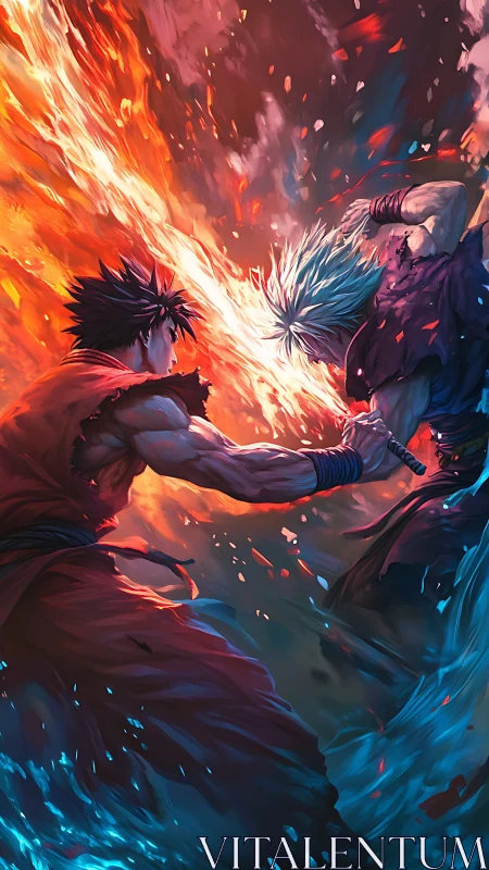 Elemental duelers crash in a blazing river of fire and ice.