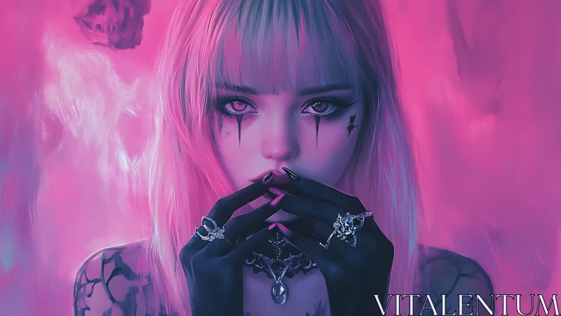 Gothic cyber siren in neon pink haze, jeweled gaze poised.