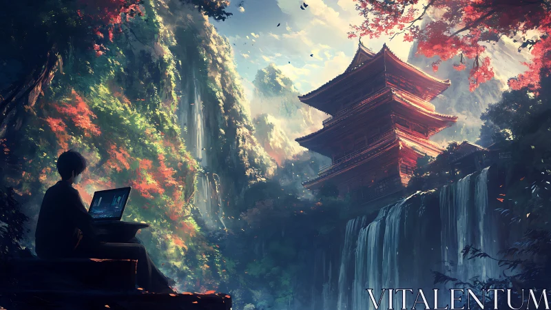 Digital nomad studies waterfall temple within luminous forest valley
