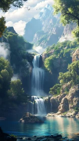 Cascading mountain waterfalls in luminous forest canyon.