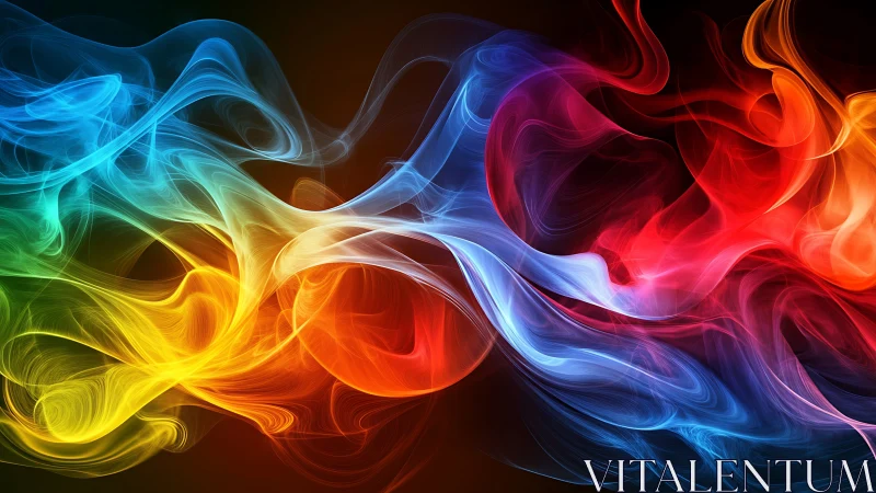Vivid swirling rainbow light waves on dark abstract background.