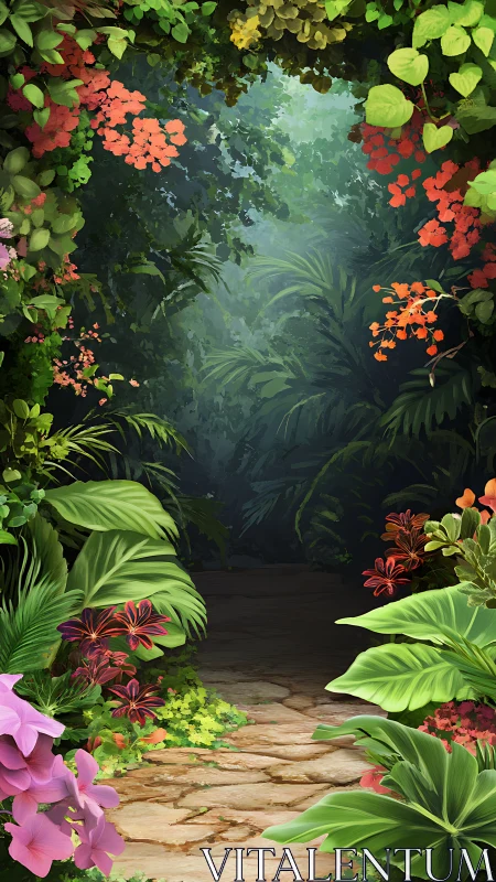 Secret garden path framed by lush, storybook jungle.