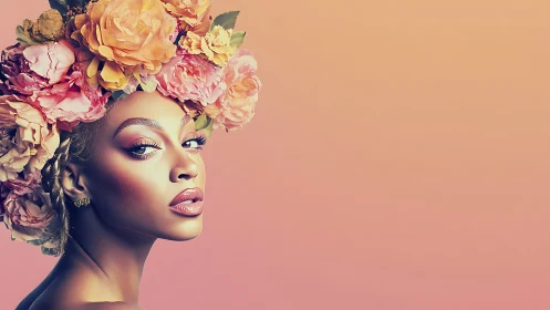 Digital portrait renders woman in floral crown on gradient
