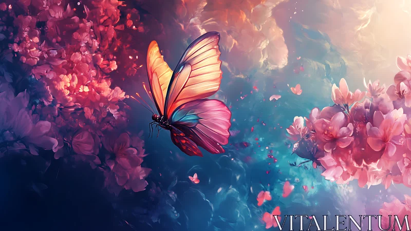 Radiant butterfly glides through vivid blossoms and light