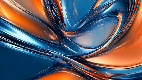 Fluid Abstract Art with Metallic Orange and Blue Swirls.