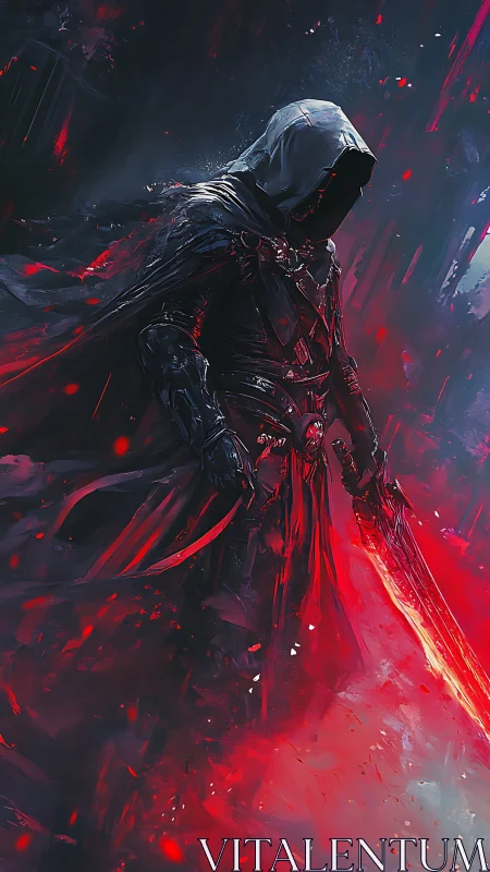 Hooded armored warrior holds glowing red sword in darkness