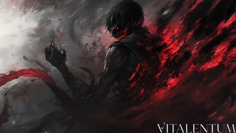 Ebon wraith ignites a bloodred storm of unraveling shadows.