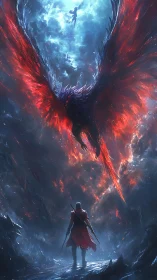 Winged fiery creature over lone figure in cavernous void.