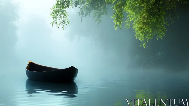 Gentle misty lake holds a quiet wooden rowboat at dawn