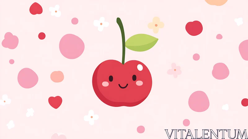 Smiling cherry icon is centered on a pink patterned field