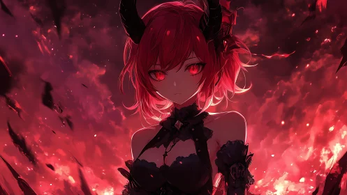 Ember-eyed demon girl crowned in storming crimson fire.