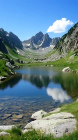 Glacial cirque lake with alpine granite ridges and cloud reflection.
