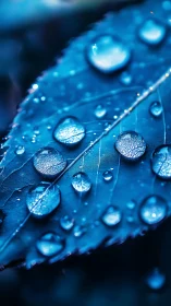Glistening raindrops rest on a leaf in cool blue light