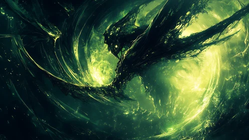 Voidborn dragon erupts through luminous cosmic vortex.