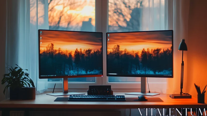 Dual 27-inch monitors align symmetrically in warm-lit workspace