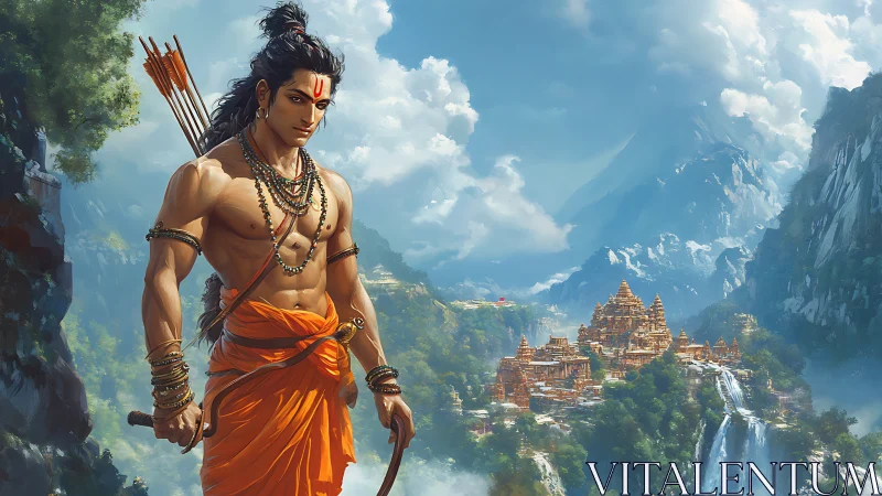 Warrior archer stands over misty valley with golden temple.