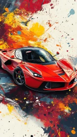 Red hypercar cuts through abstract splatter backdrop