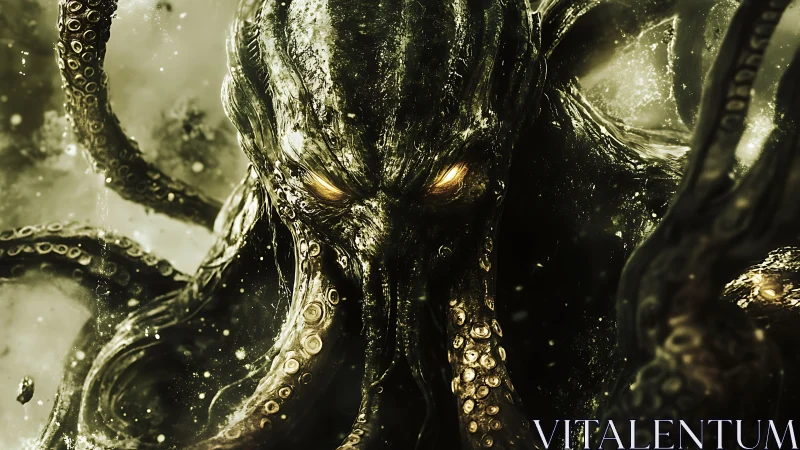 Eldritch sea monster surfaces in glowing abyssal darkness