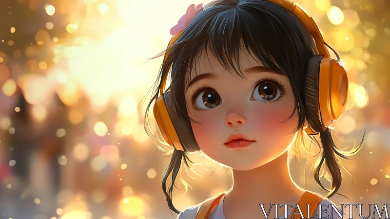 Sunlit anime girl with headphones rendered in soft bokeh light