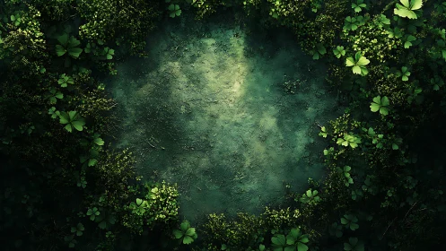 Emerald forest clearing encircled by lush clover foliage.