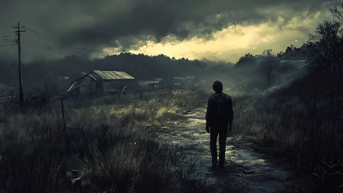 Wanderer on a rain-soaked road beneath a restless sky.