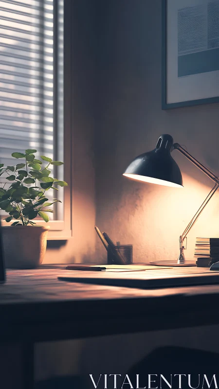 Soft desk lamp carves quiet focus from late afternoon light